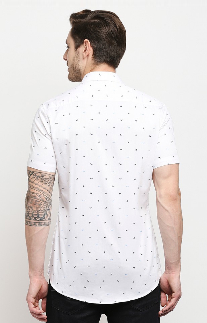 EVOQ | Evoq White Unique Bird Print Cotton Causal Half Sleeves Shirt for Men 4