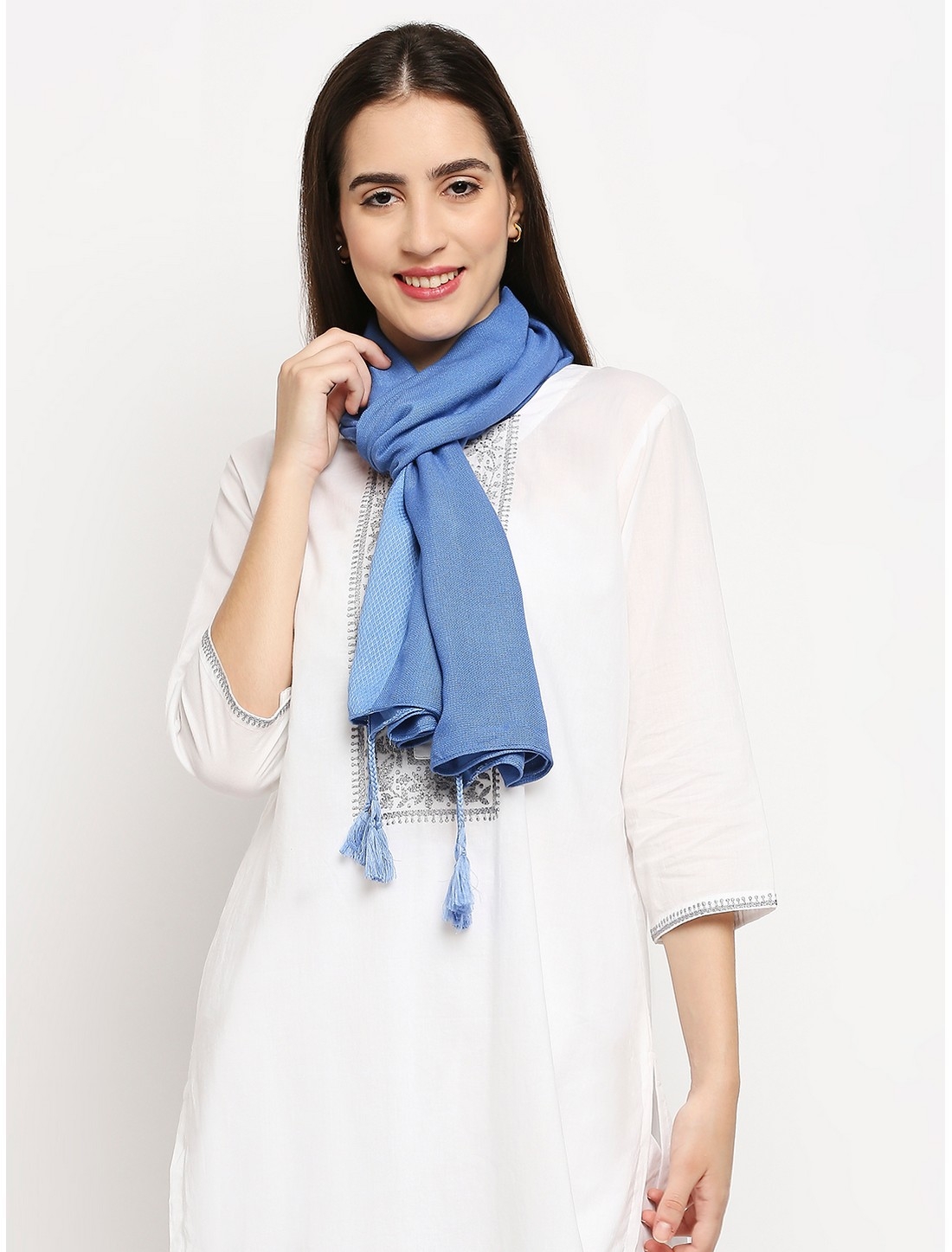 Get Wrapped | Get Wrapped Blue Dobby Border Scarf with Tassel for Women