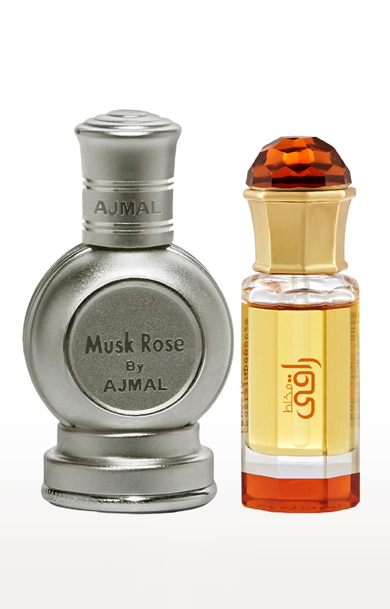 Ajmal Musk Rose Concentrated Perfume Oil Musky Alcohol-free Attar 12ml for Unisex and Mukhallat Raaqi Concentrated Perfume Oil Alcohol-free Attar 10ml for Unisex