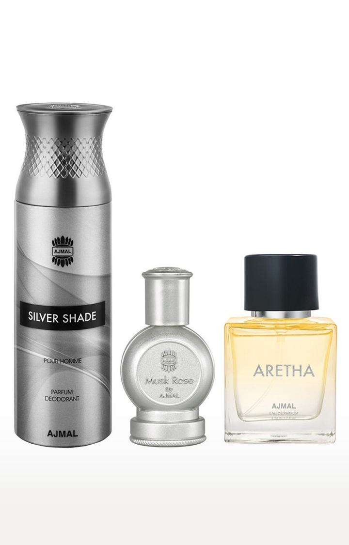 Ajmal | Ajmal Musk Rose Concentrated Perfume Oil Musky Alcohol-free Attar 12ml for Unisex and Silver Shade Homme Deodorant Fragrance 200ml for Men and Aretha EDP 50 ml for Women