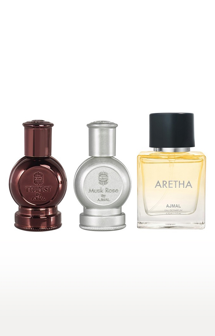 Ajmal | Ajmal Musk Rose Concentrated Perfume Oil Musky Alcohol-free Attar 12ml for Unisex and Tempest Concentrated Perfume Oil Alcohol-free Attar 12ml for Unisex and Aretha EDP 50 ml For Women Pack of 3 ( FREE)