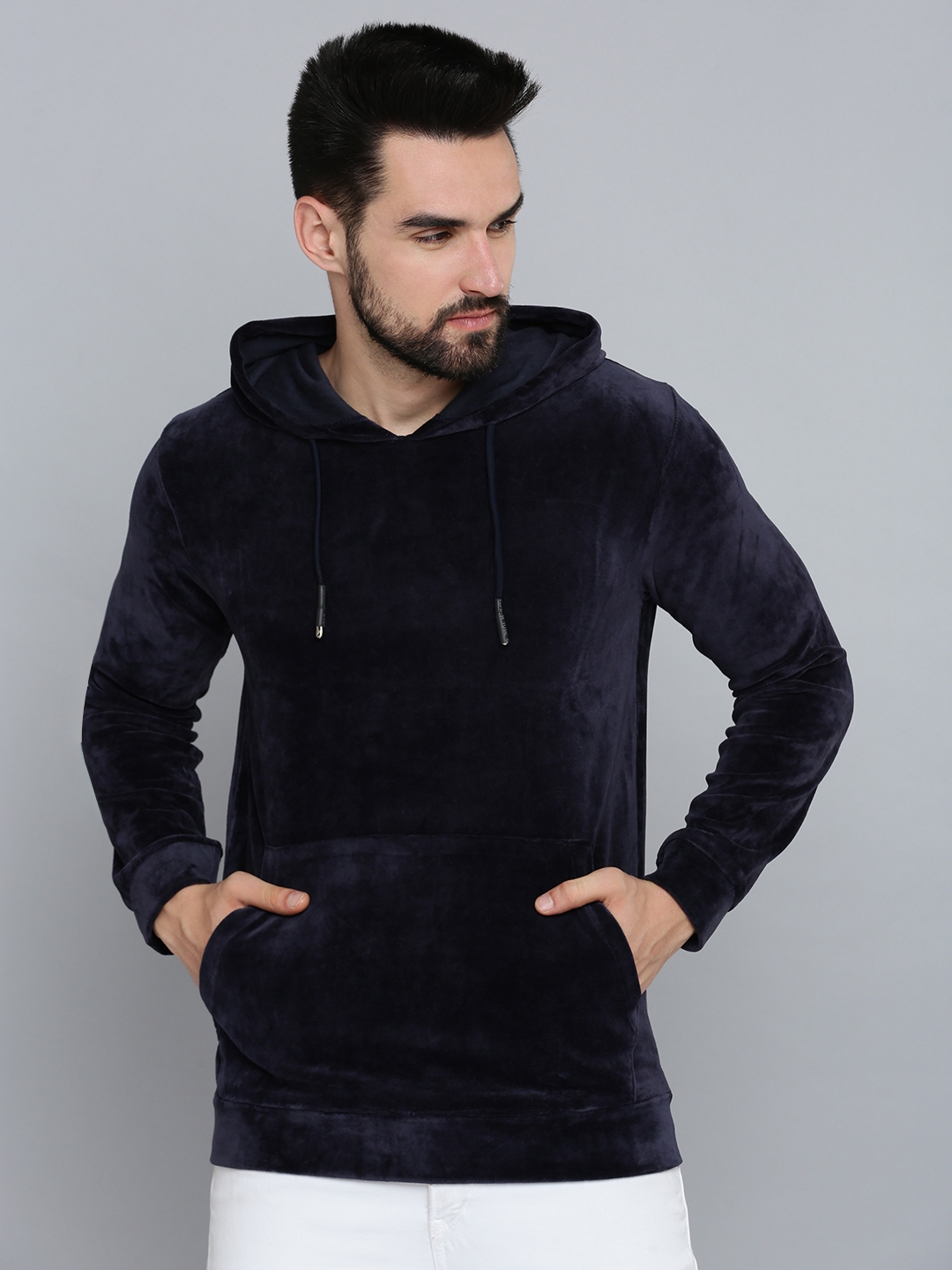 Men's Blue Polyester Solid Hoodies