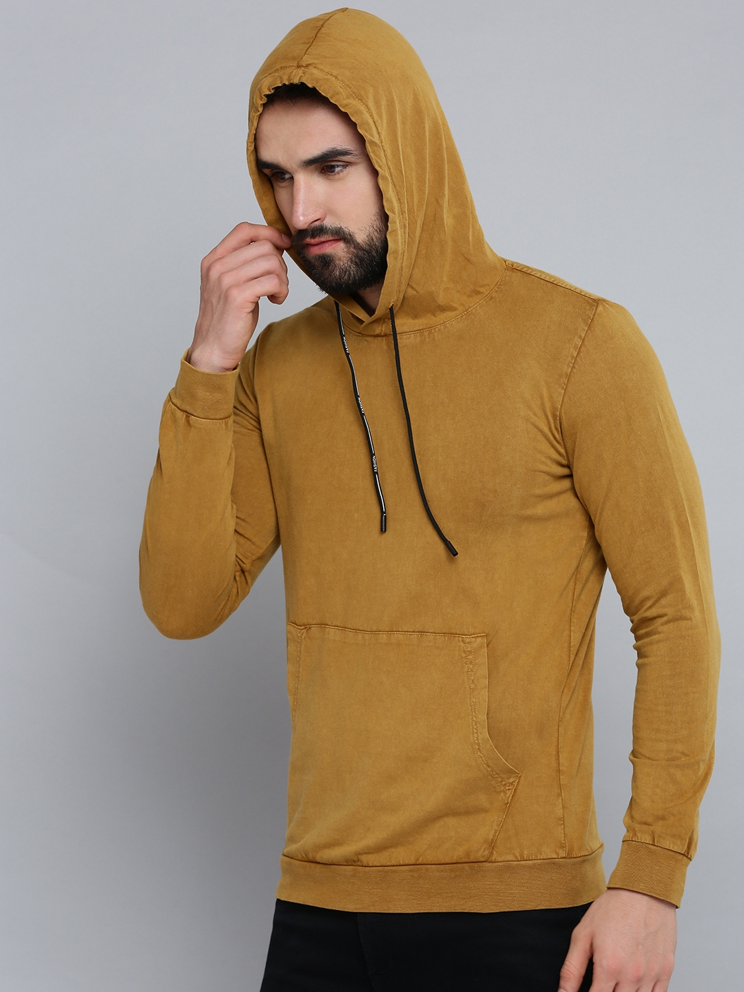 Men's Yellow Cotton Solid Hoodies