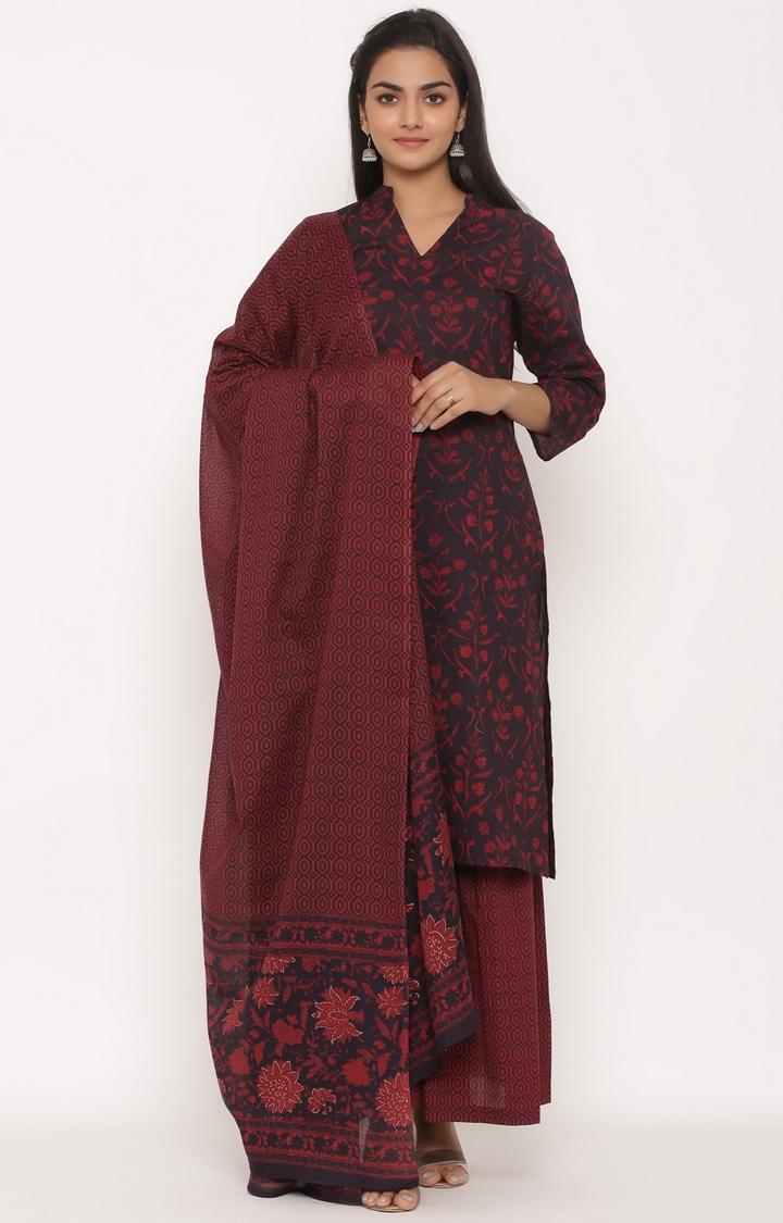 Miravan women's cotton printed straight kurta And Sharara With Dupatta set 