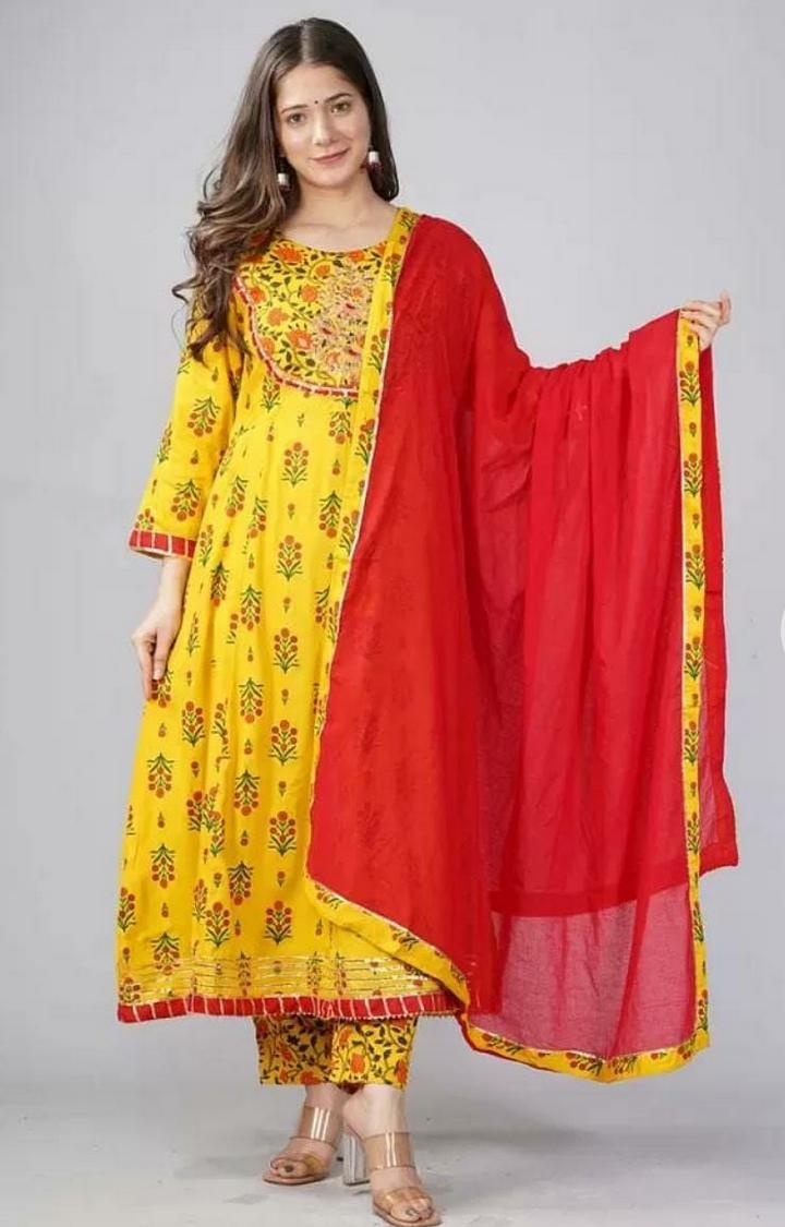 Miravan |  Miravan Women's Floral Print & Embroidered Work Anarkali Rayon Yellow Kurti With Pant & Dupatta Set
