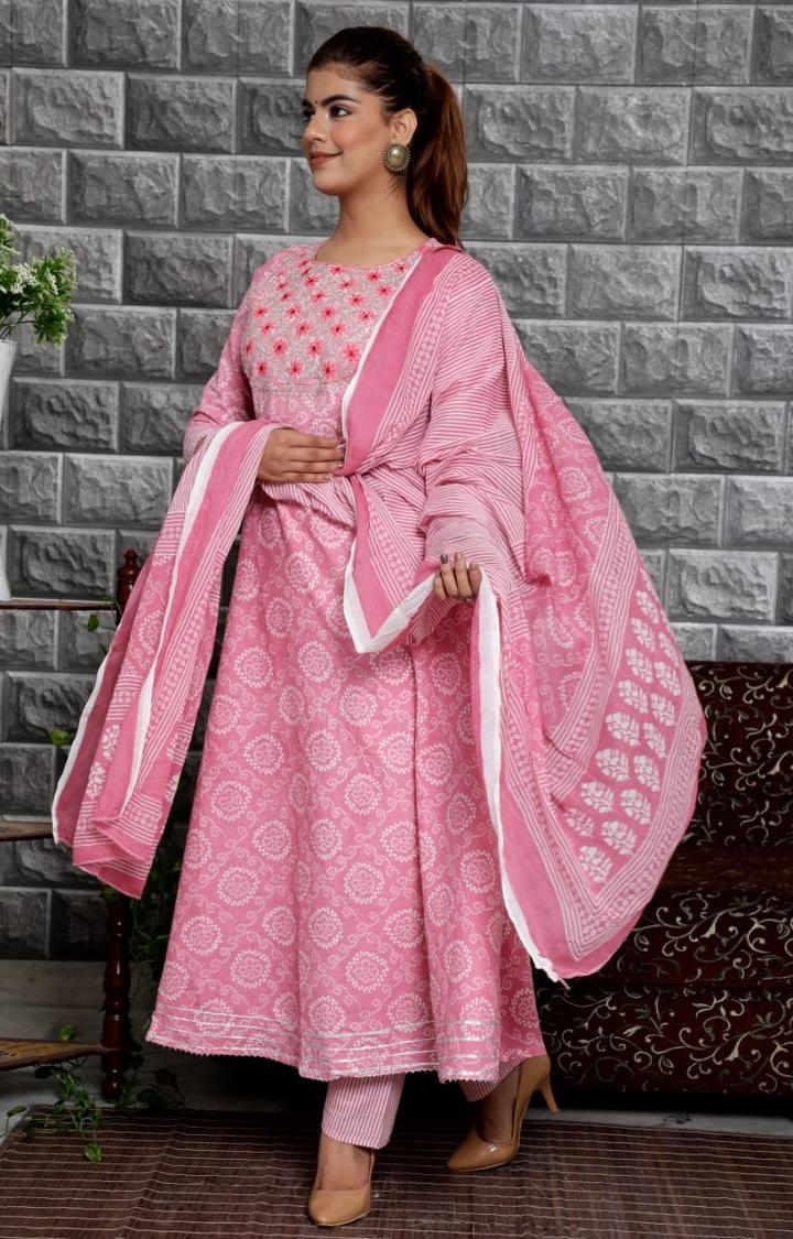 Miravan Women's Printed & Embroidered Rayon Pink Stitched Anarkali Kurta Pant With Dupatta Set