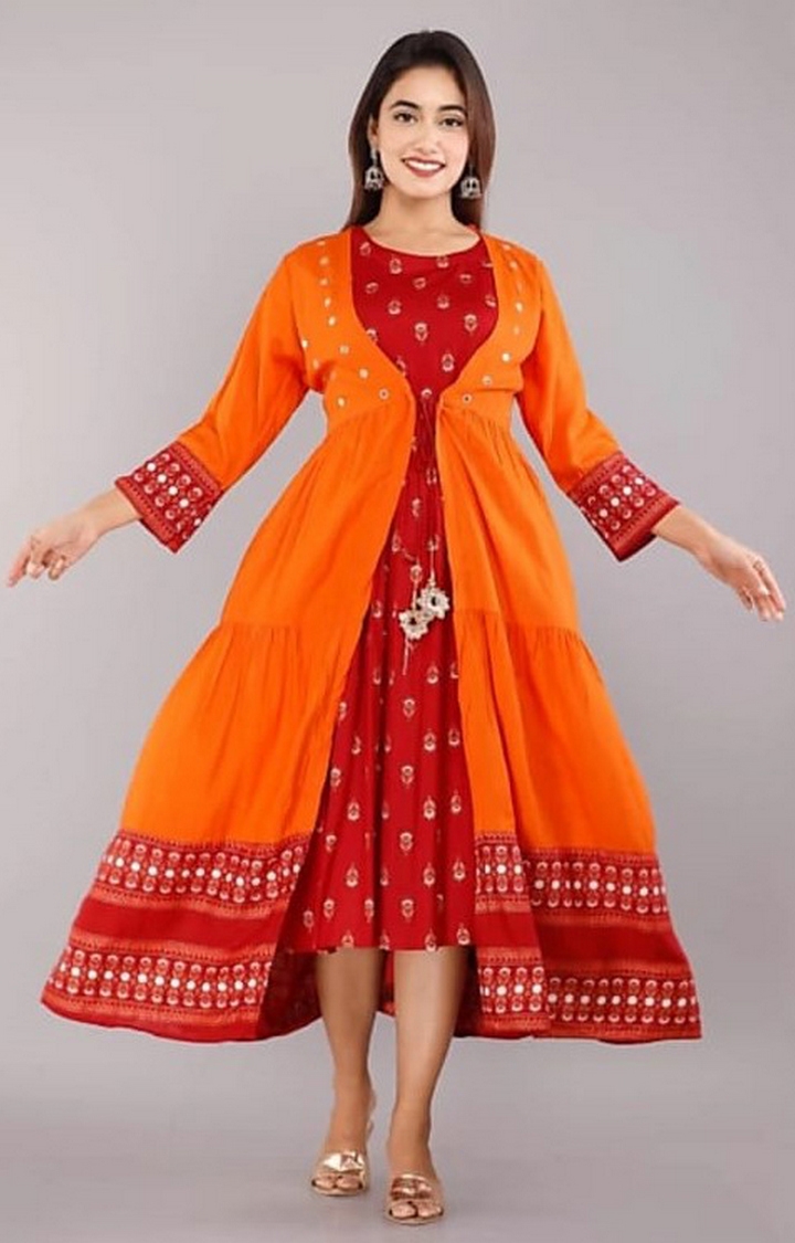 Orange Colored Party Wear Embroidered Rayon Anarkali Suit With jacket