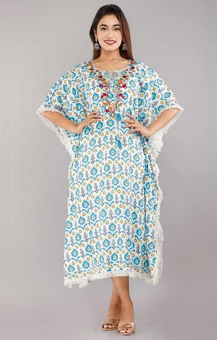 Miravan | Miravan Women's Mirror Work Rayon Blue Stitched Kaftan Kurta Dress