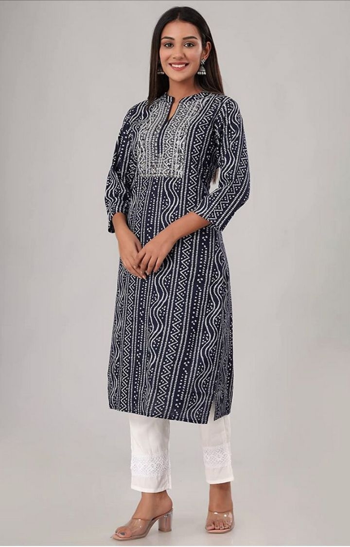 Miravan | Miravan Women's Blue Coloured Rayon Embroidered Bandhej Straight Kurti
 