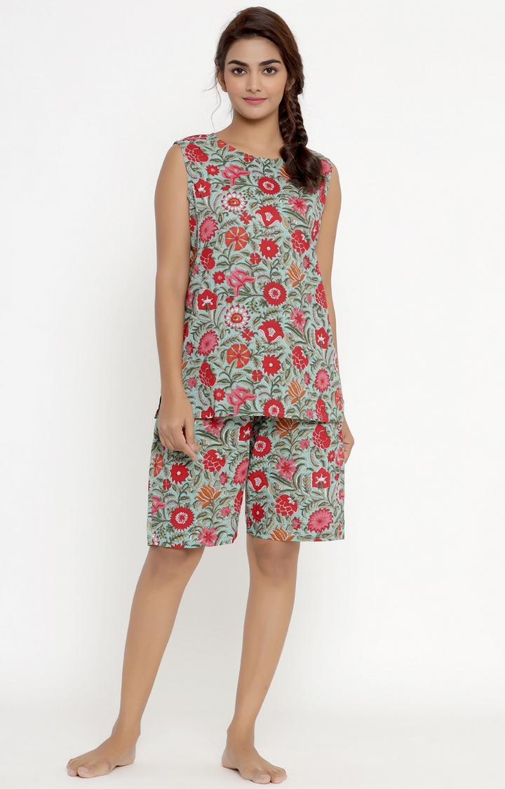 Miravan Women's Cotton Floral Printed Sleevless Night Suit Top & Shorts Set