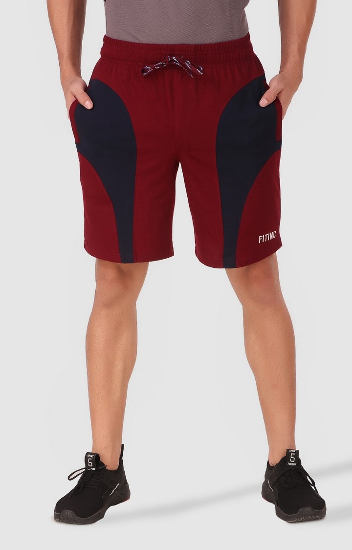 Fitinc Cotton Maroon Shorts for Men with Contrast Design