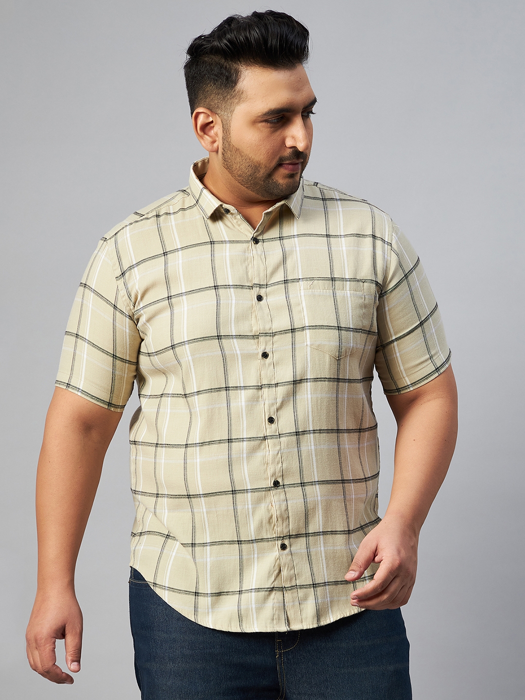 SHOWOFF Plus Men's Comfort Fit Cotton Beige Tartan Checks Shirt