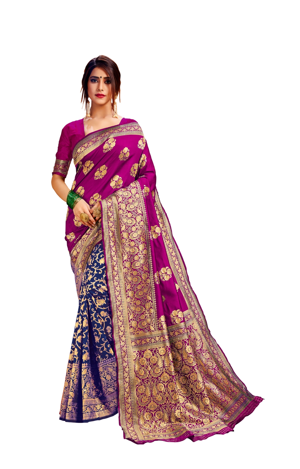 Glemora | Glemora Pink and Blue Poly Cotton Milano Saree With Unstitched Blouse