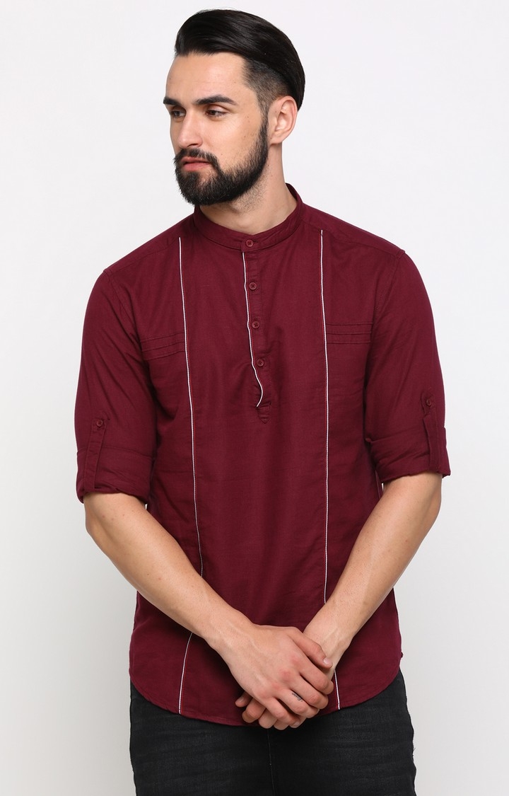 With | With Men's Maroon Cotton Solid Slim fit Shirt