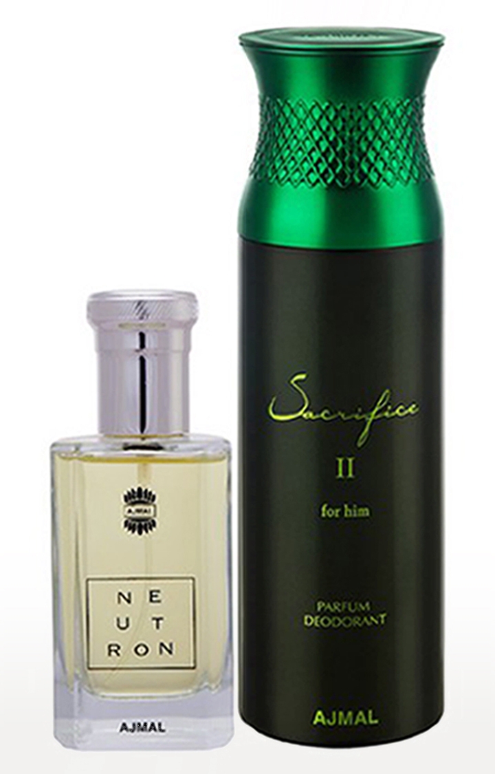 Ajmal Neutron EDP Fruity Perfume 100ml for Men and Sacrifice II for Him Deodorant Fruity Fragrance 200ml for Men