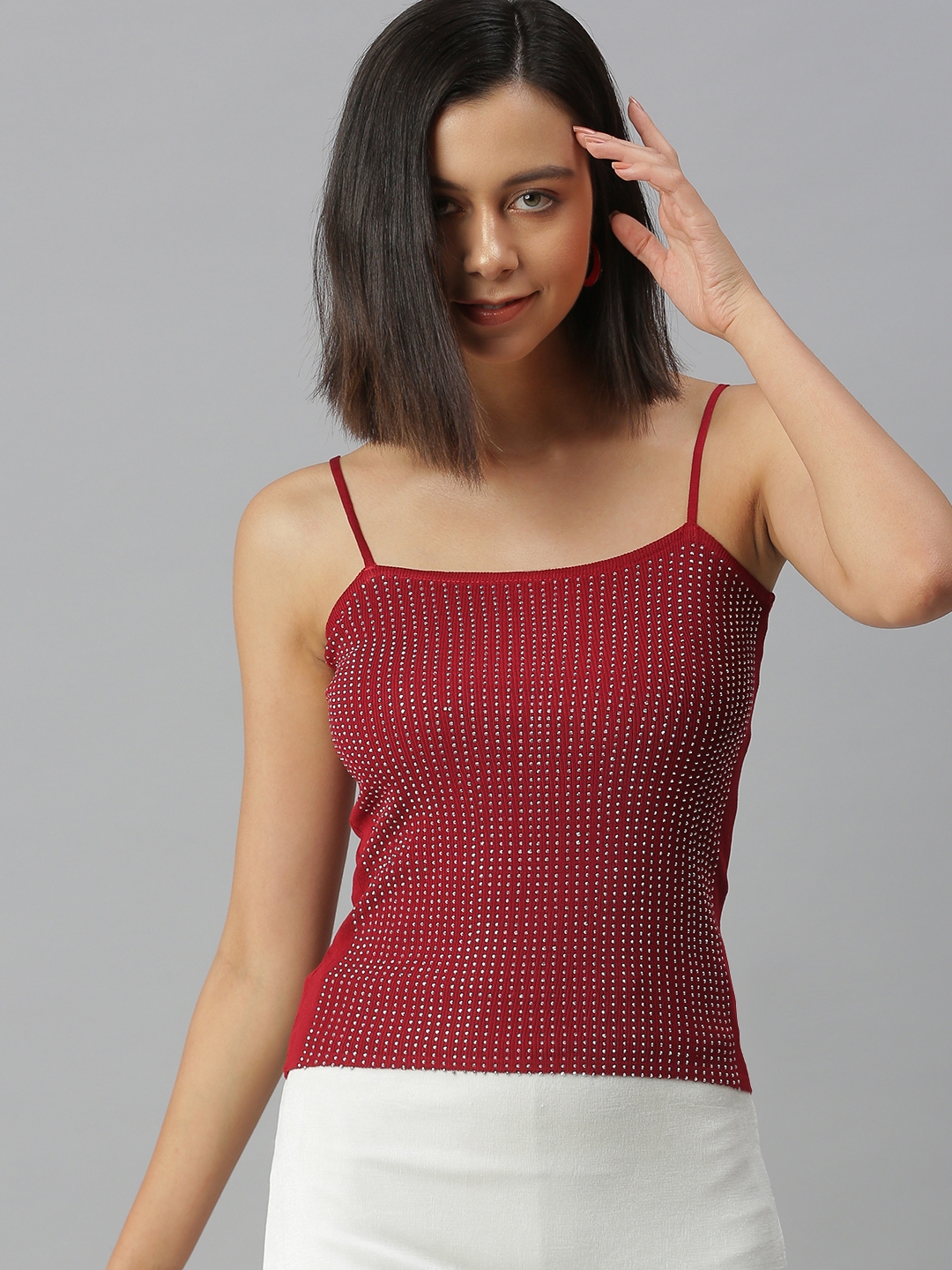 Showoff | SHOWOFF Women's Shoulder Straps Embellished Maroon Regular Top