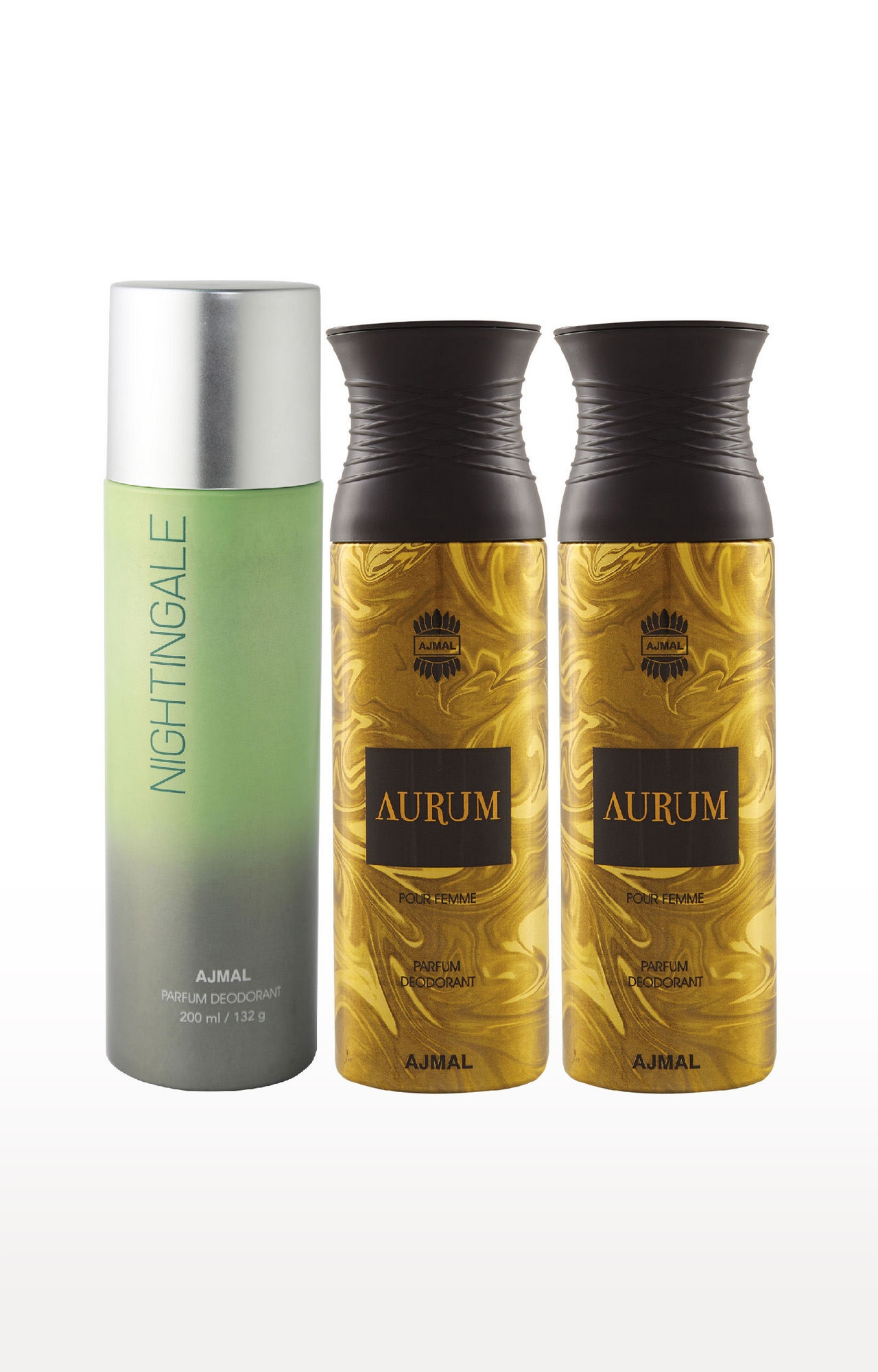 Ajmal | Ajmal 1 Nightingale for Men & Women and 2 Aurum Femme for Women High Quality Deodorants each 200ML Combo pack of 3 (Total 600ML) + 3 Parfum Testers