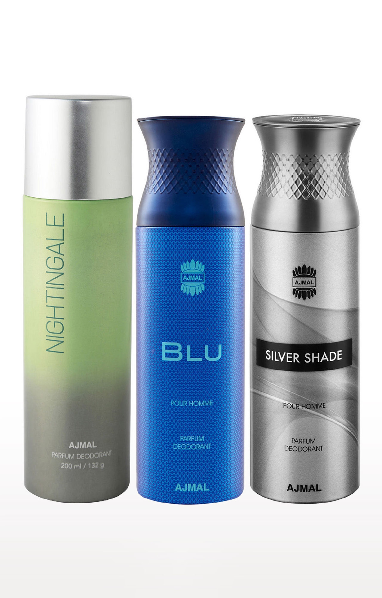 Ajmal | Ajmal 1 Nightingale for Men & Women, 1 Blu Homme for Men and 1 Silver Shade for Men High Quality Deodorants each 200ML Combo pack of 3 (Total 600ML) 