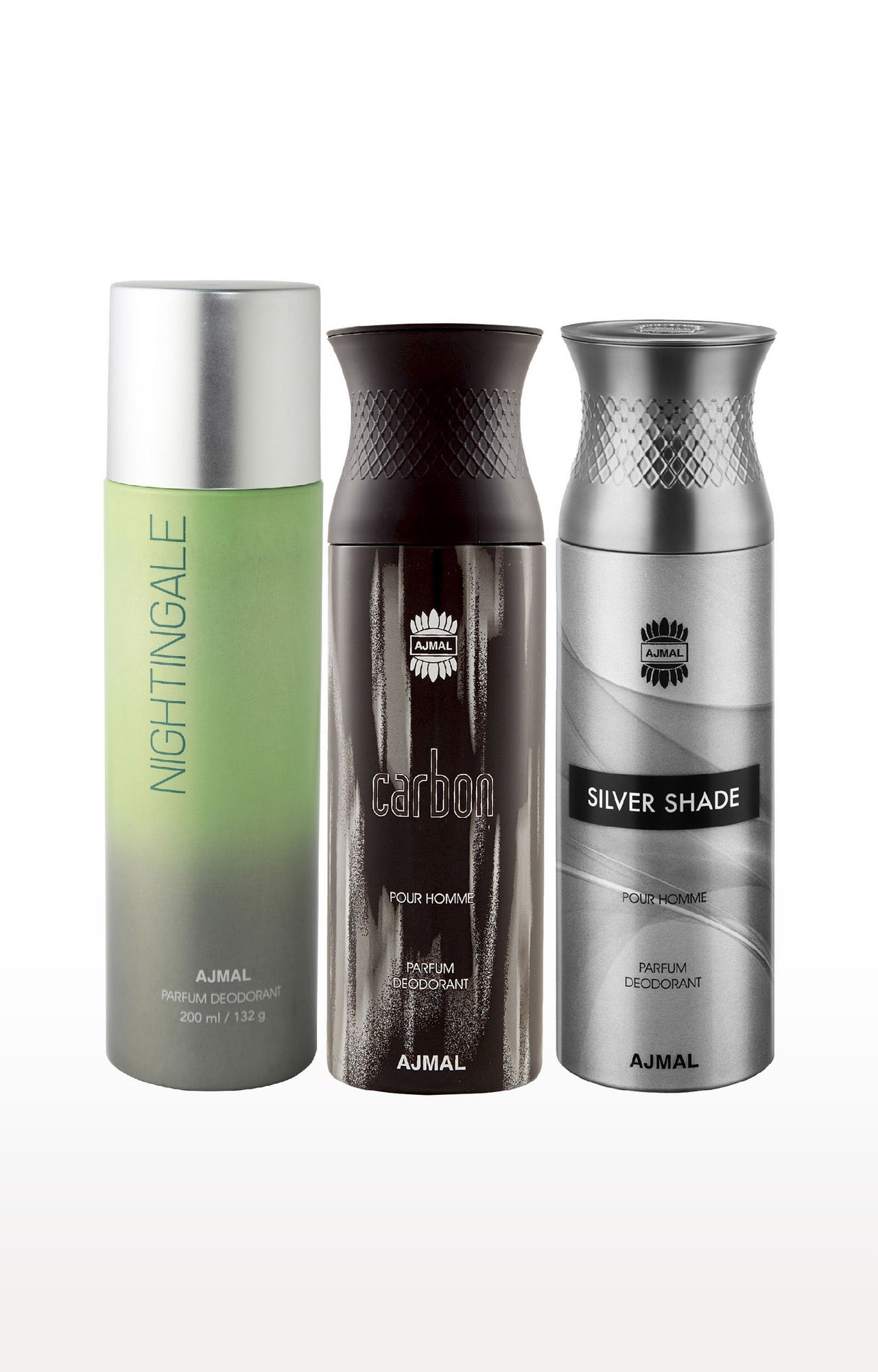 Ajmal | Ajmal 1 Nightingale for Men & Women, 1 Ajmal Carbon for Men and 1 Silver Shade for Men High Quality Deodorants each 200ML Combo pack of 3 (Total 600ML) + 3 Parfum Testers