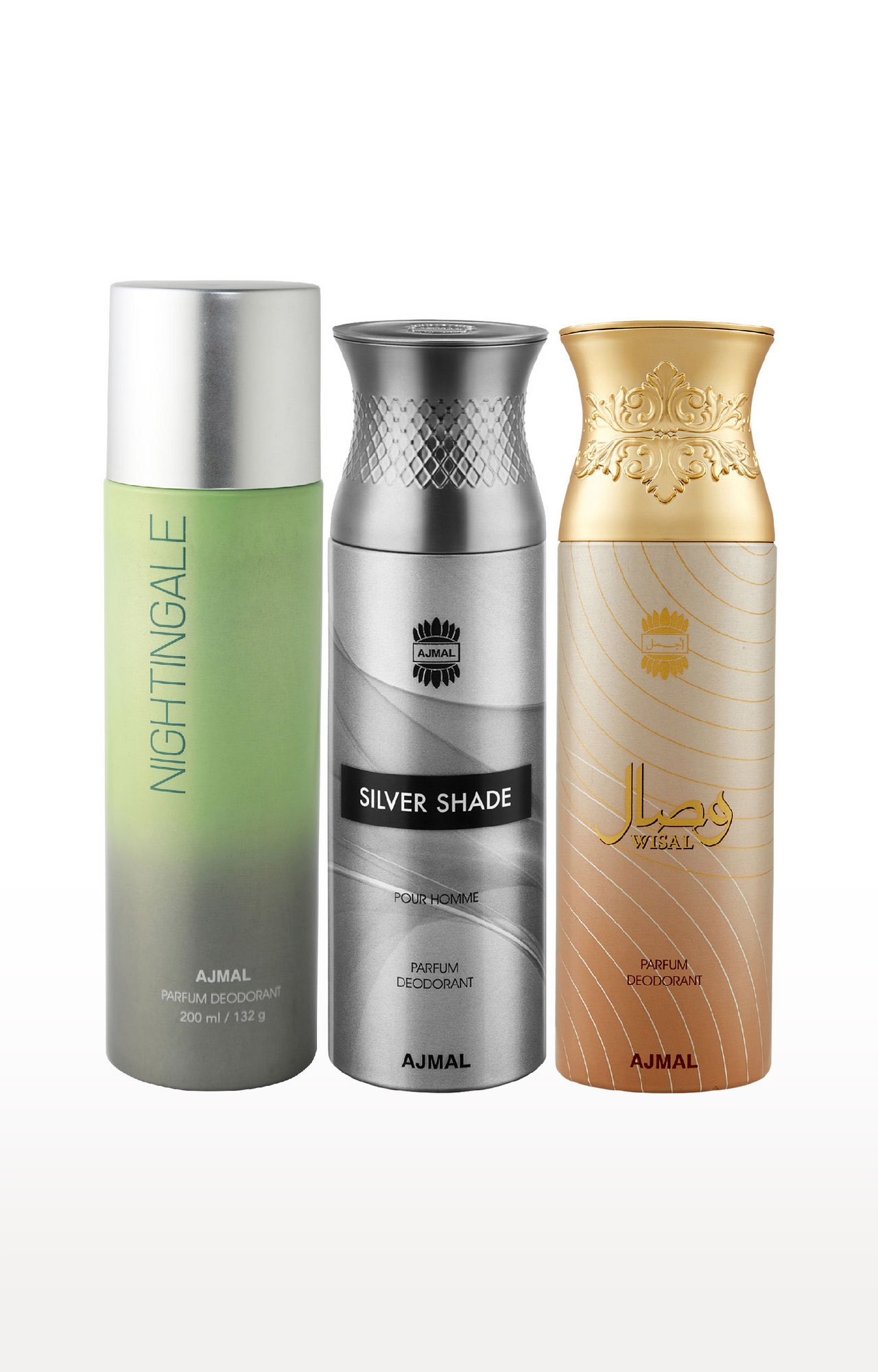 Ajmal | Ajmal 1 Nightingale for Men & Women, 1 Ajmal Silver Shade for Men and 1 Wisal for Women High Quality Deodorants each 200ML Combo pack of 3 (Total 600ML) + 3 Parfum Testers