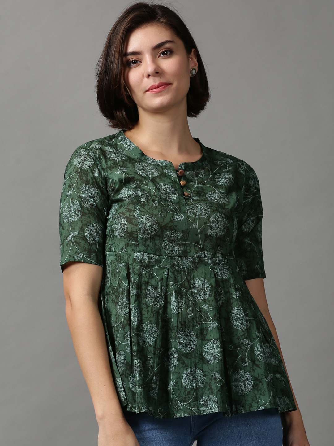 Women's Green Cotton Blend Printed Tops