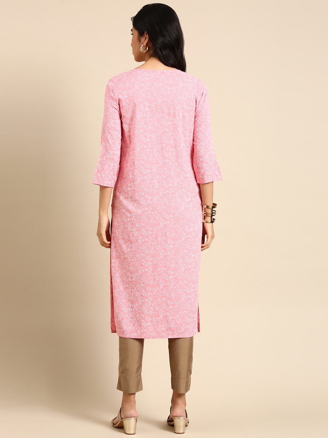SHOWOFF Women's Round Neck Woven Design Pink Straight Kurta
