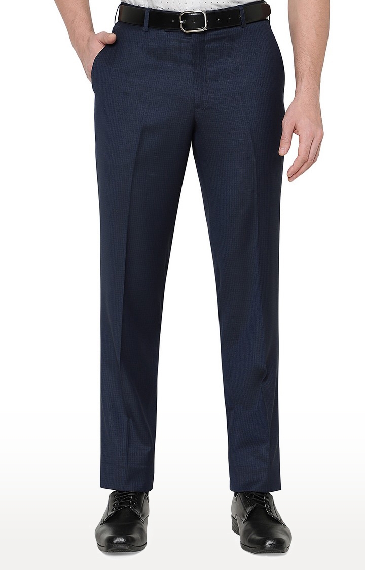 Men's Blue Rayon Solid Formal Trousers