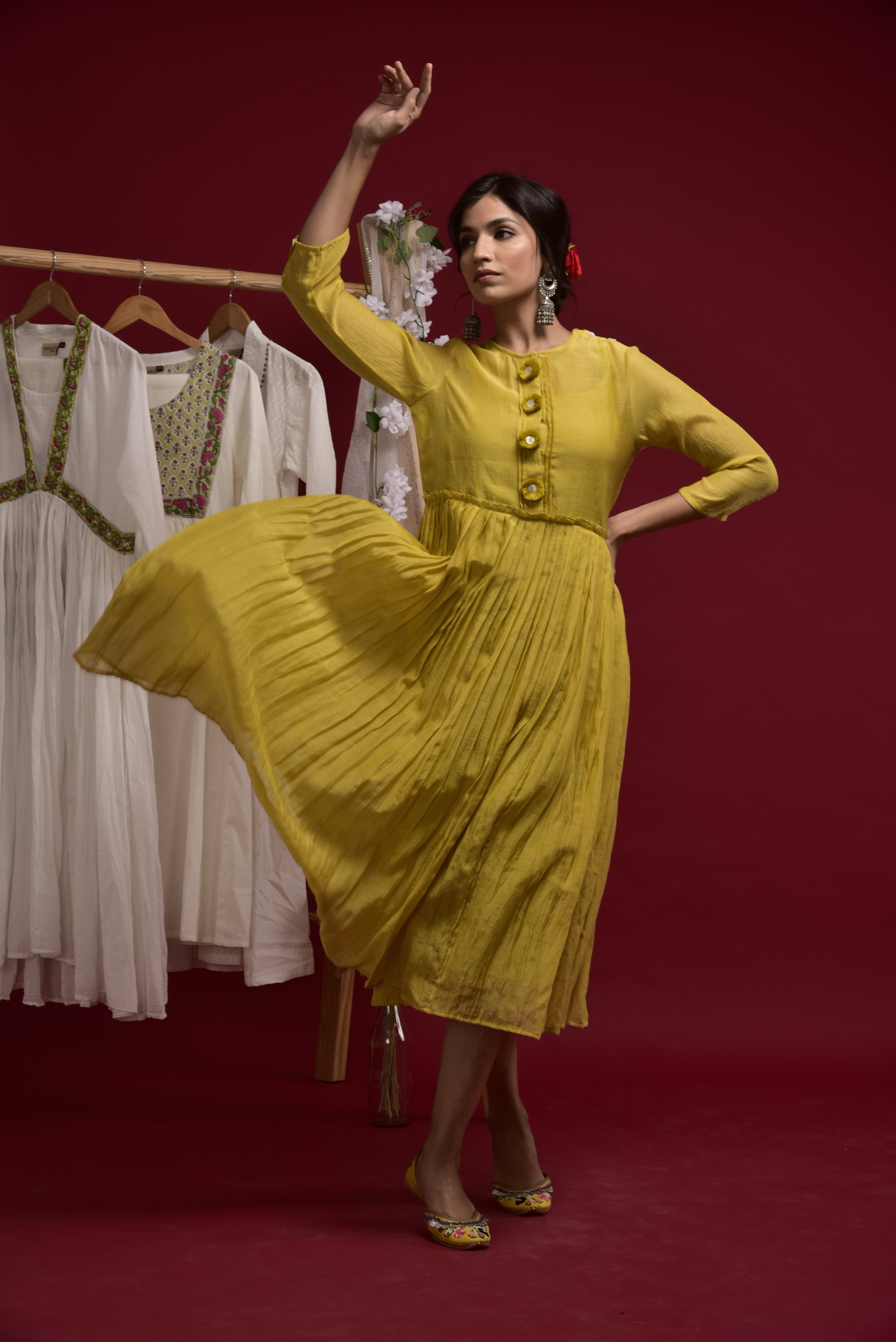 Yellow chanderi dress with thread tassels and inner