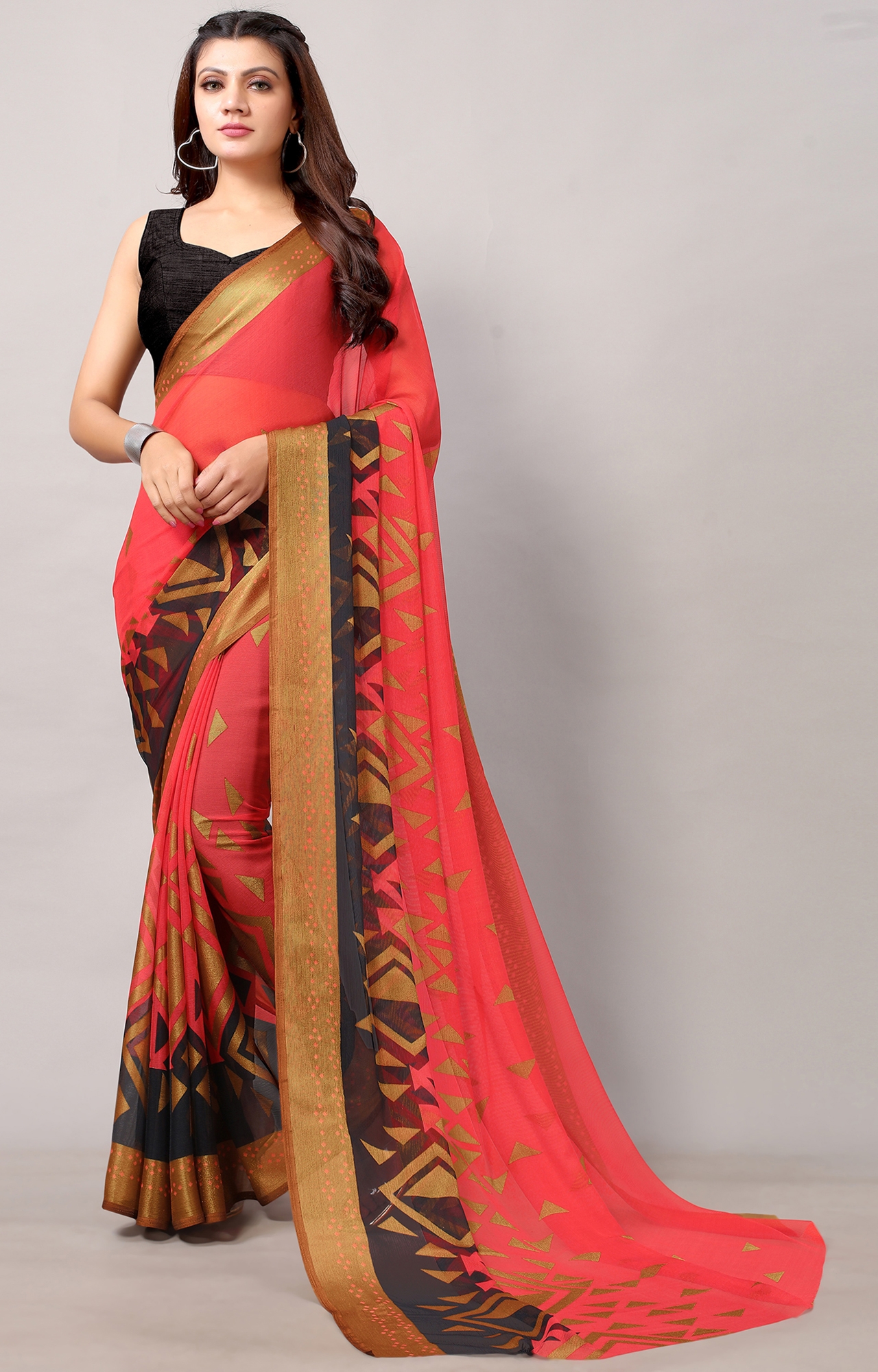 SHAILY RETAILS | Women Pink Chiffon Brasso Printed Casual Saree-HACFNBRS00032PNK