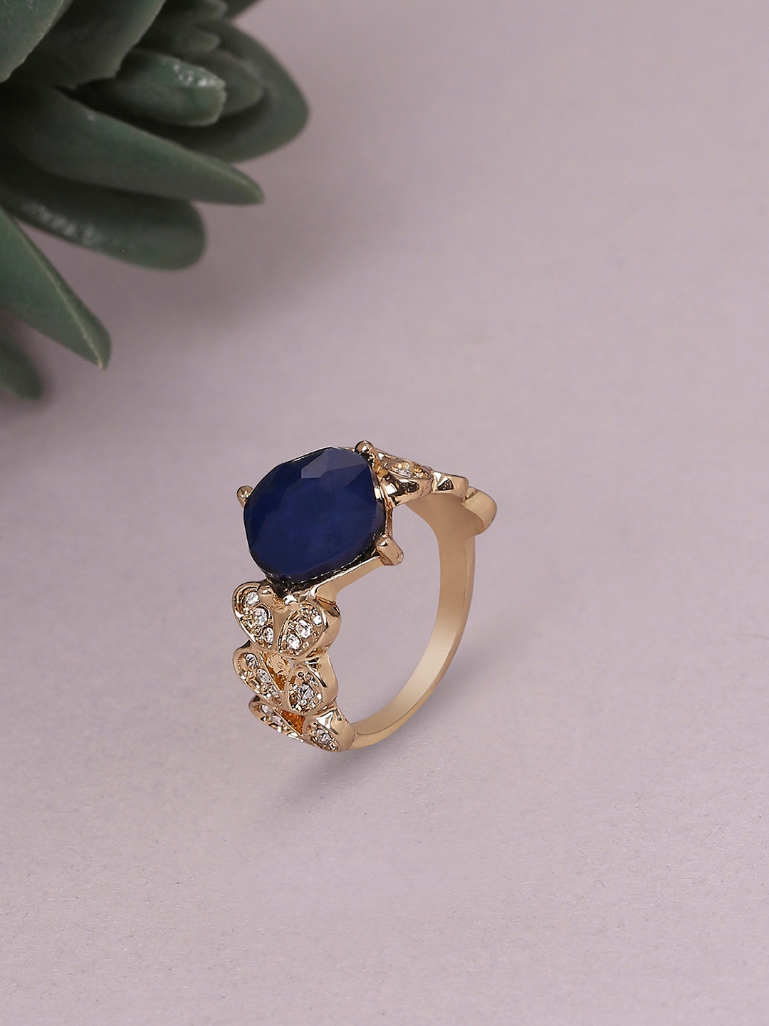Lilly & sparkle | Lilly & Sparkle Gold Toned Blue Geometric Stone Studded Ring 
