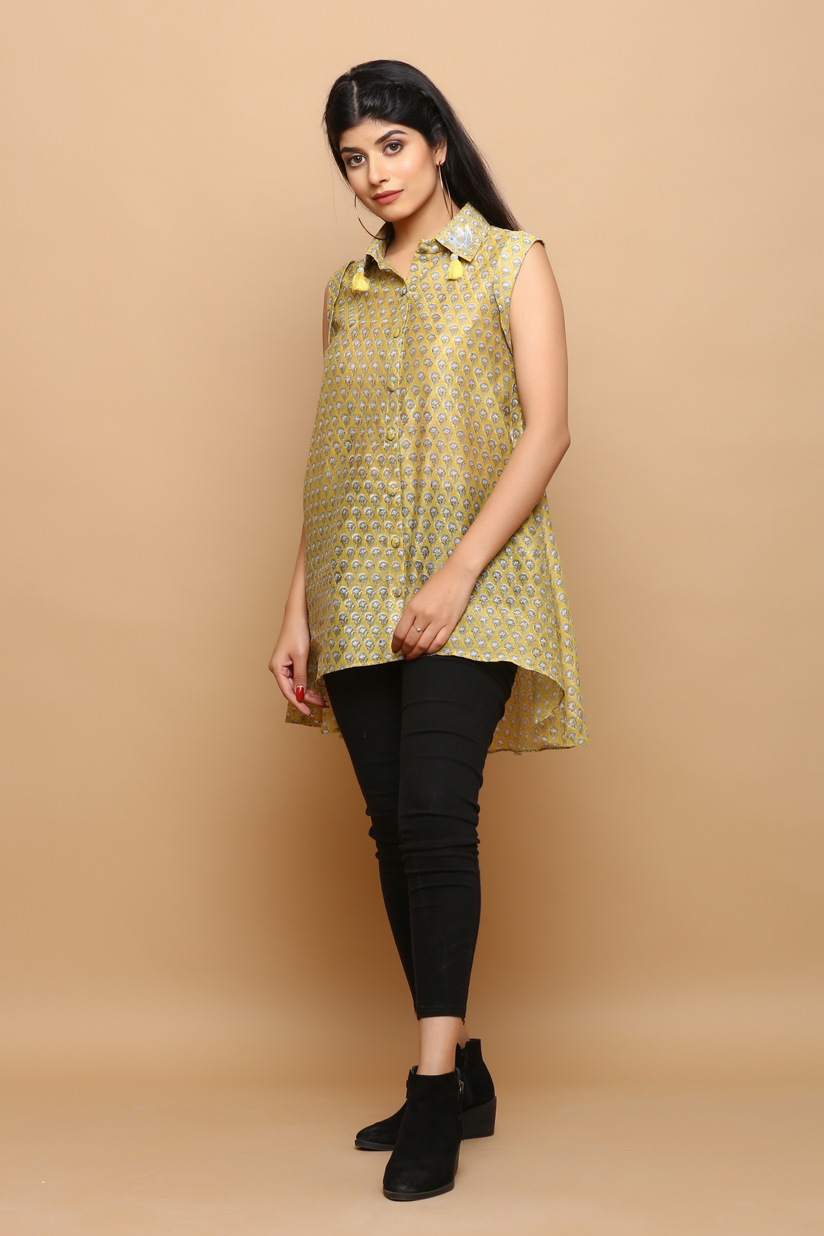 Chanderi a- symetrical top with hand work detailing on the collar