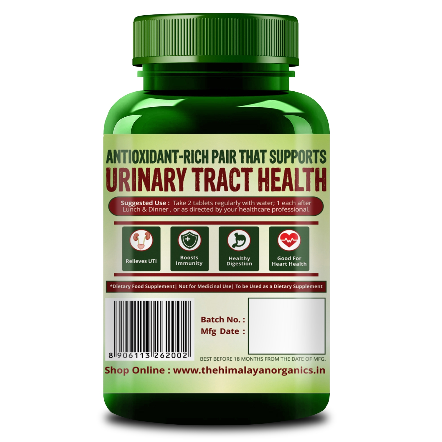 Himalayan Organics D-Mannose + Cranberry Antioxidant Rich Supplement for Kidney Health & Urinary Tract Infection - 90 Tablets