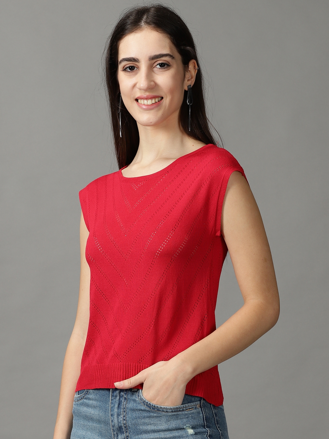 Women's Red Acrylic Solid Tops