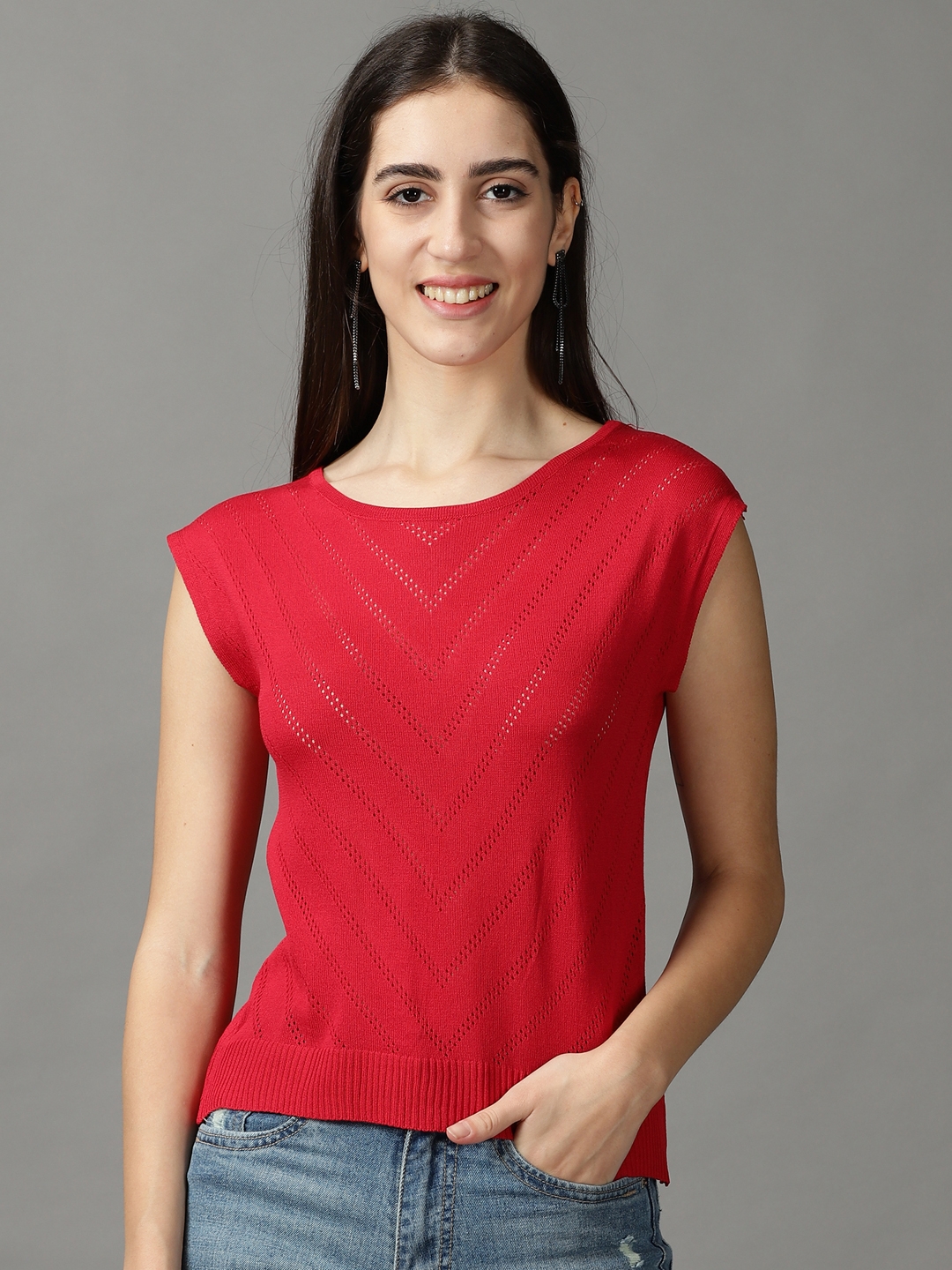 Women's Red Acrylic Solid Tops
