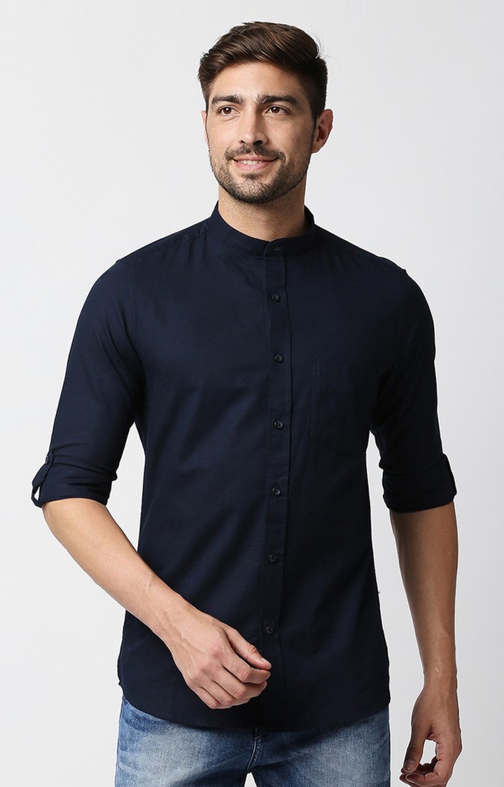 EVOQ's Navy Blue Cotton-Linen Full Sleeves Casual Shirt with Roll up Sleeves Tab and Mandarin Collar