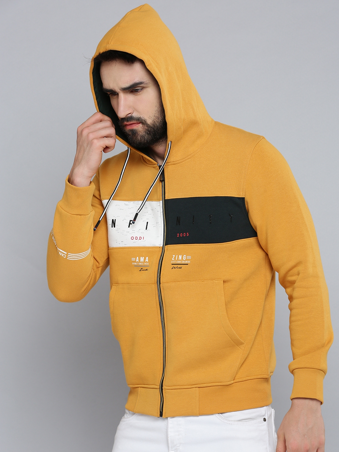 Men's Yellow Cotton Solid Hoodies