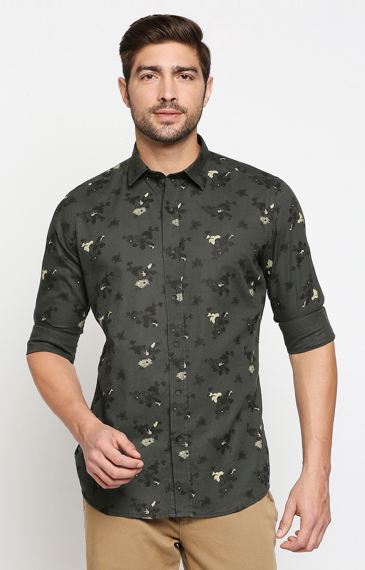 EVOQ | EVOQ Full Sleeves Cotton Olive Green Colour Floral Print Semi-Casual Shirt for Men