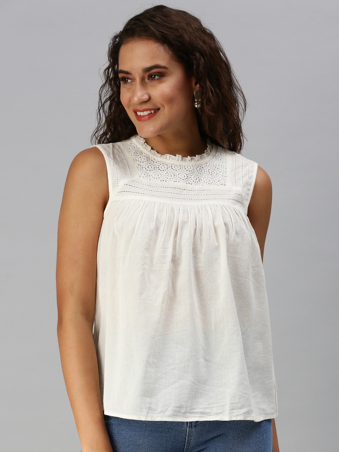 Women's White Viscose Solid Tops