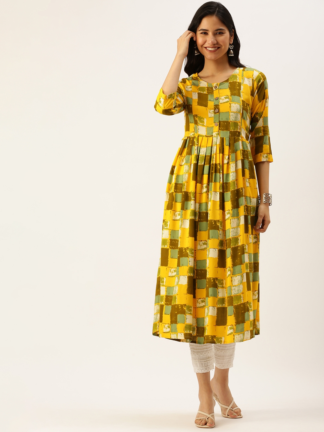 SHOWOFF Women's Round Neck Abstract Yellow A-Line Kurta
