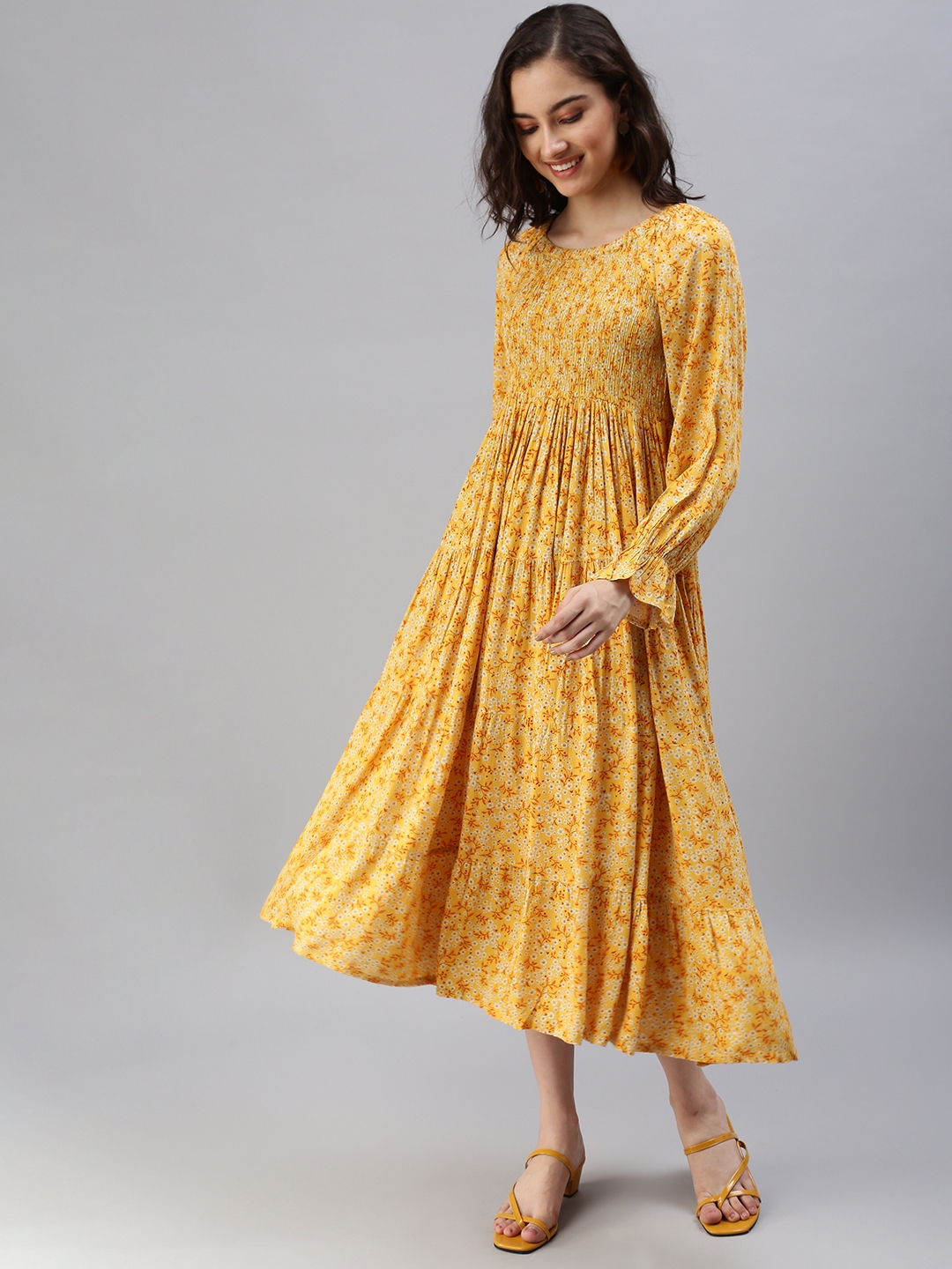 Women's Yellow Cotton Printed Dresses
