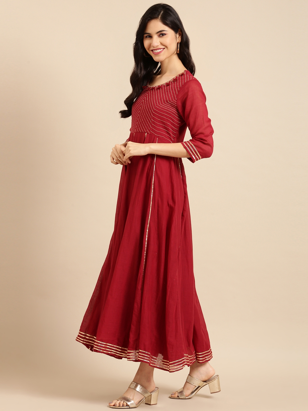 SHOWOFF Women's Ankle Length Maroon Solid A-Line Kurta