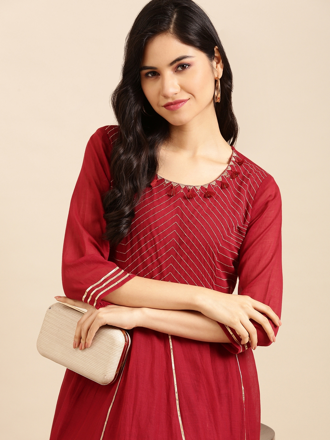 SHOWOFF Women's Ankle Length Maroon Solid A-Line Kurta