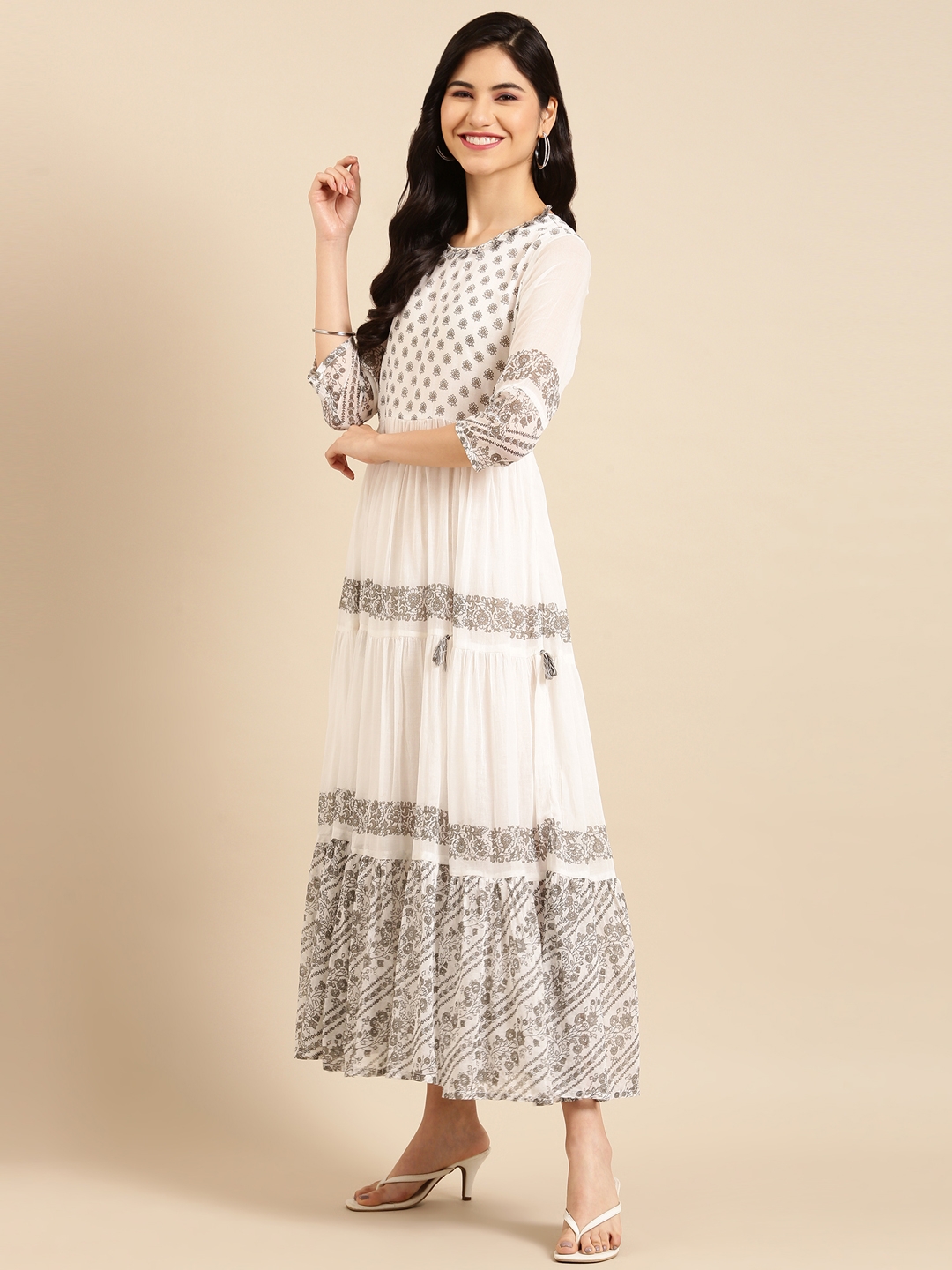 SHOWOFF Women's Ankle Length White Floral A-Line Kurta