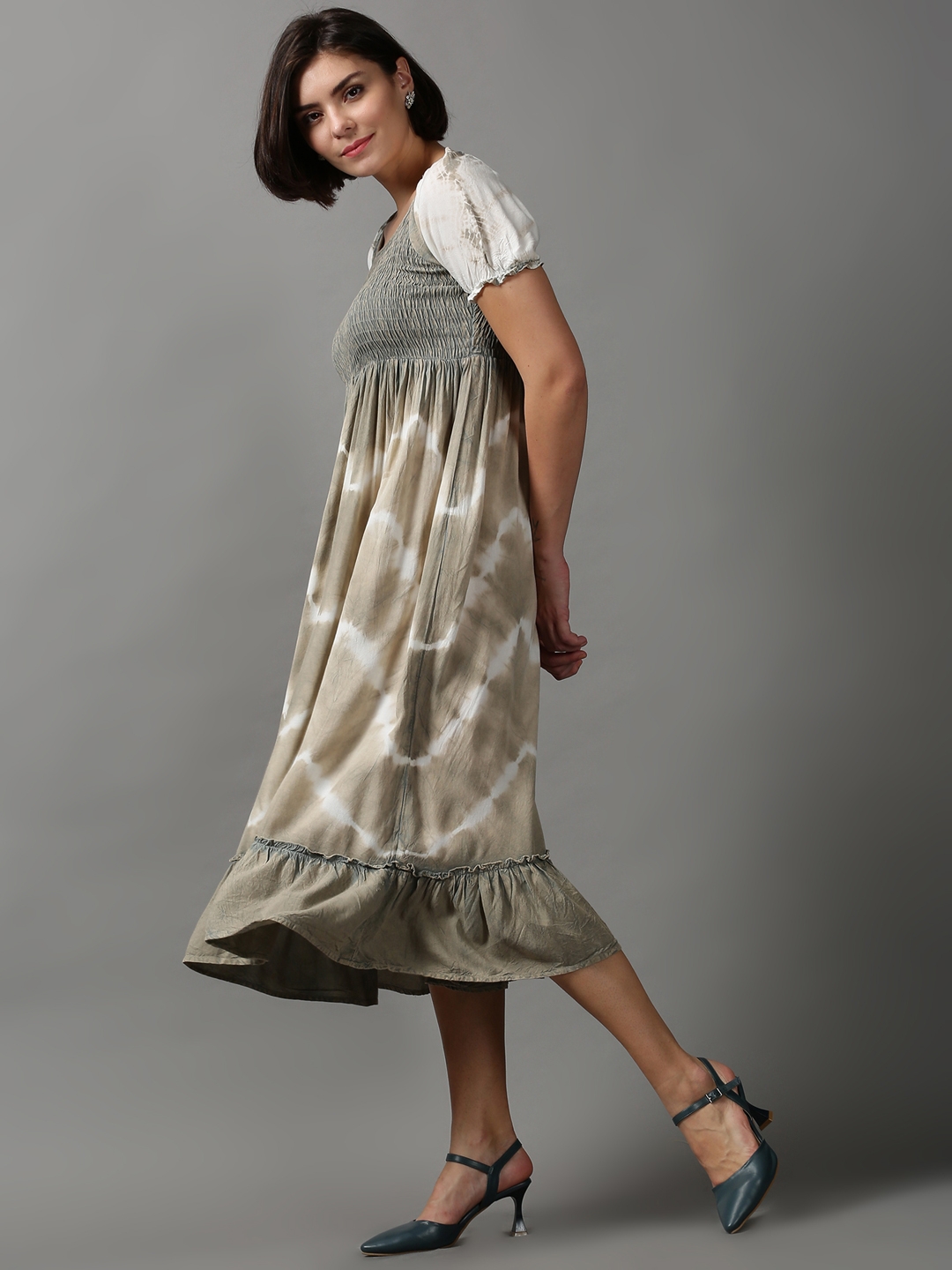 Women's Beige Cotton Tie Dye Dresses