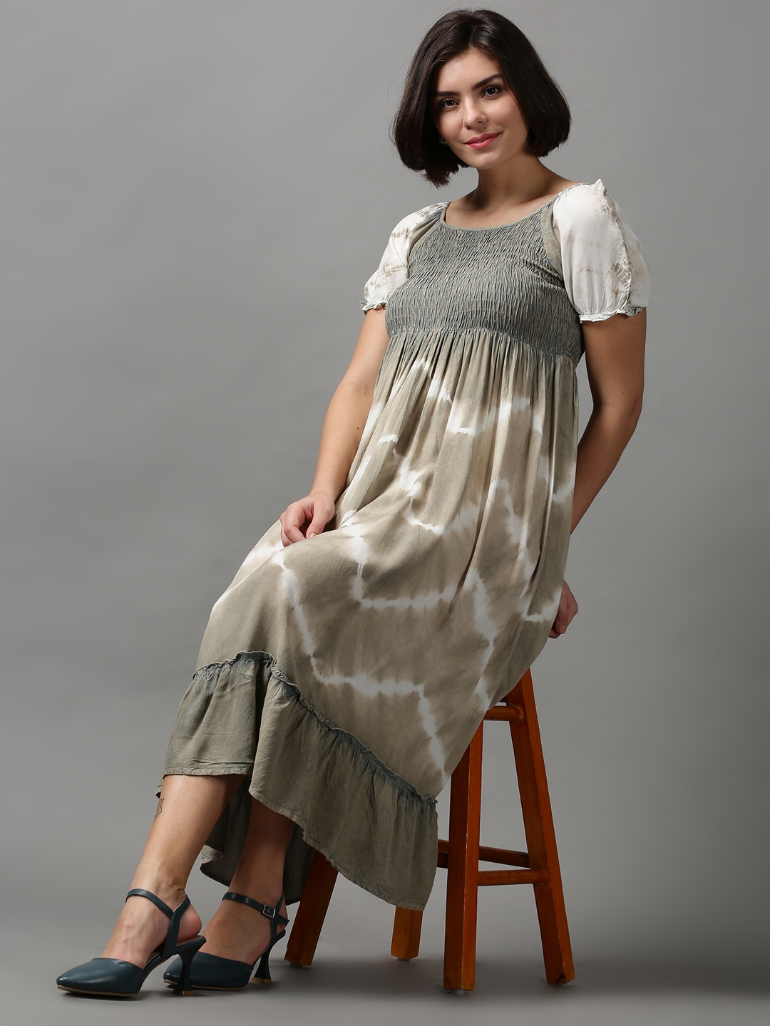 Women's Beige Cotton Tie Dye Dresses