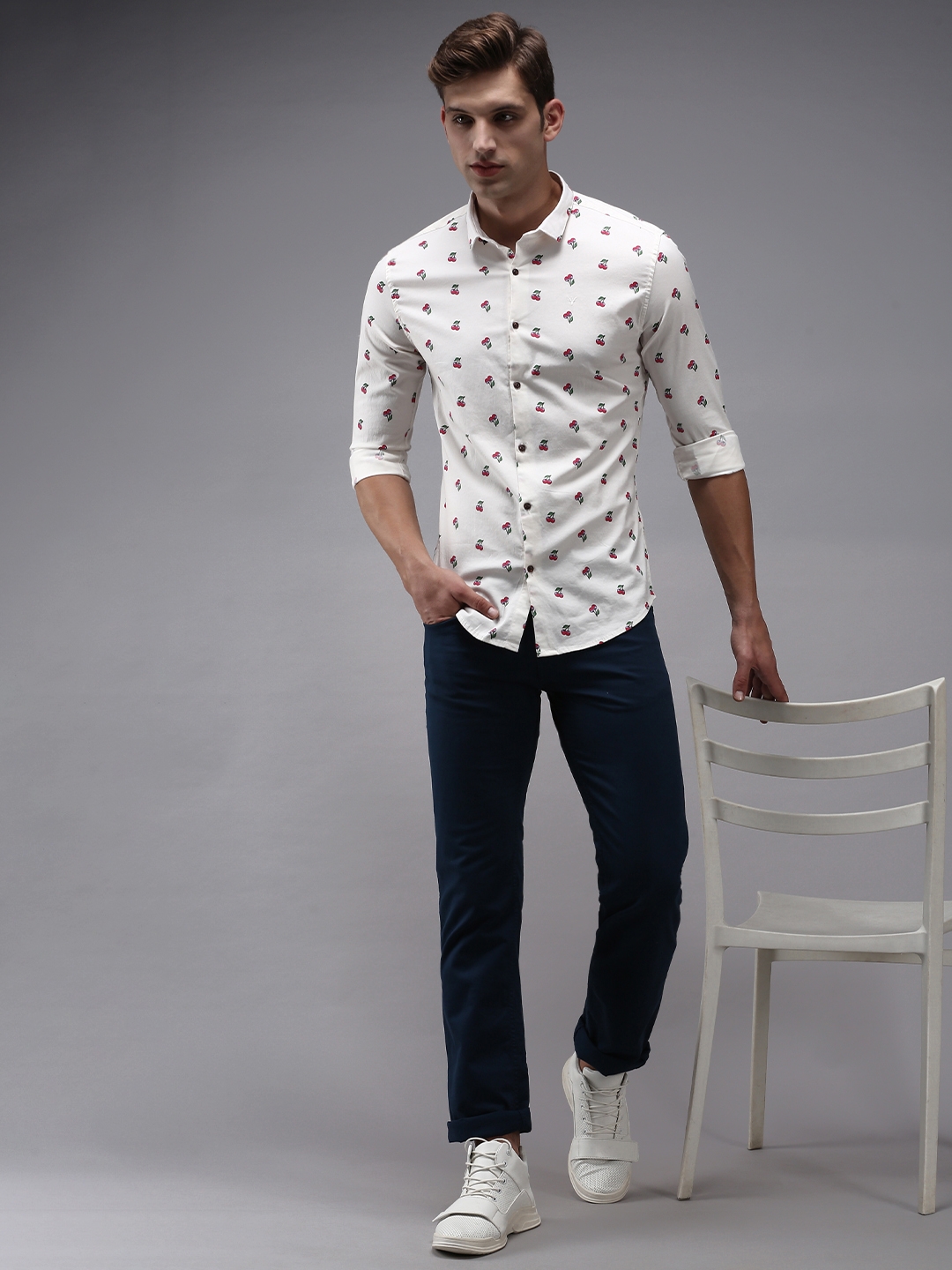 Men's Beige Cotton Printed Casual Shirts