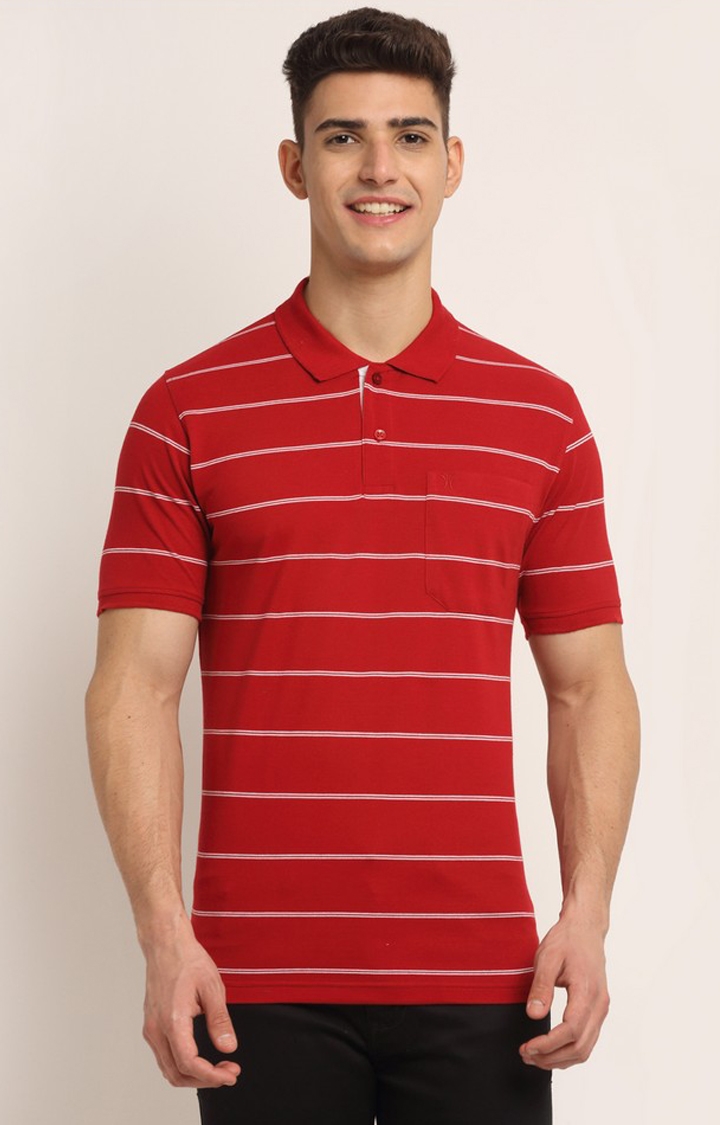 VENITIAN | Venitian Mens Striped Polo Neck Cotton Red T-shirt With Pocket