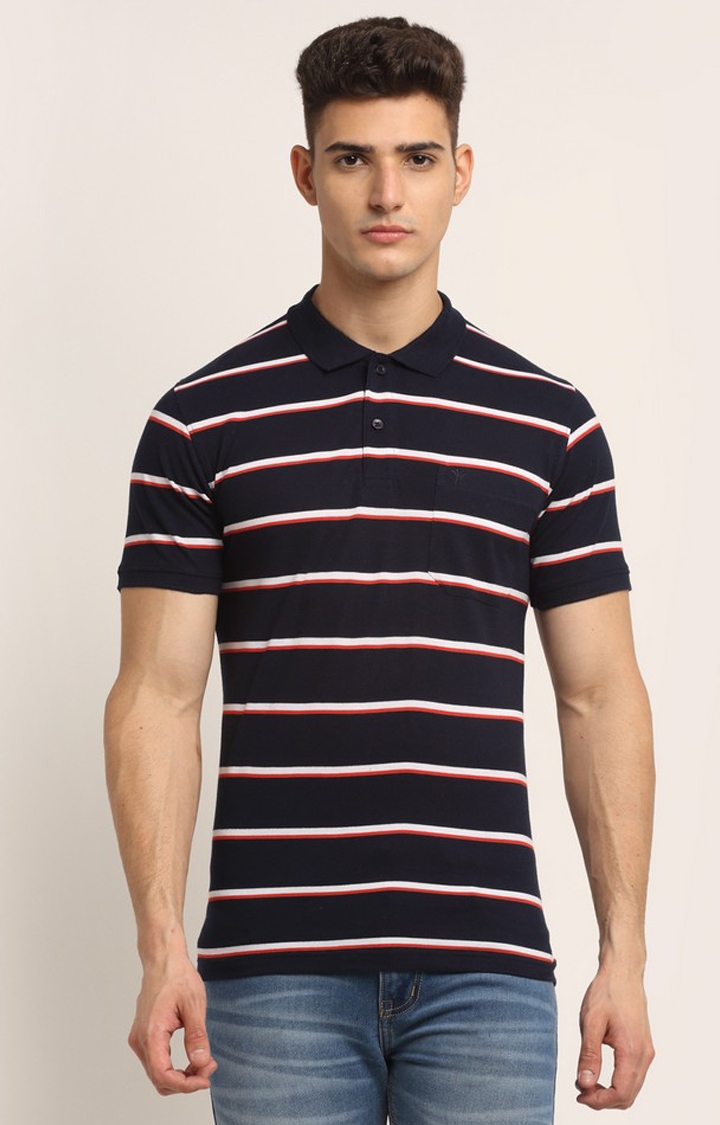 VENITIAN | Venitian Men Striped Navy Polo Neck Cotton T-Shirt With Pocket