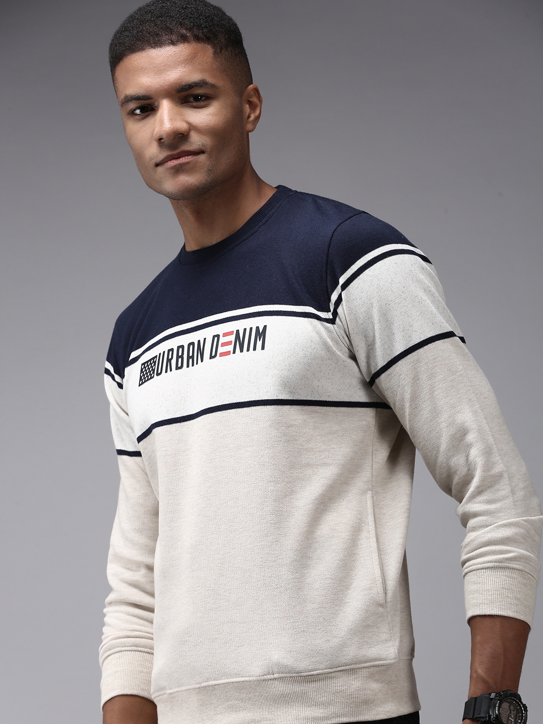 Showoff | SHOWOFF Men's Round Neck Cream Colourblocked Sweatshirt