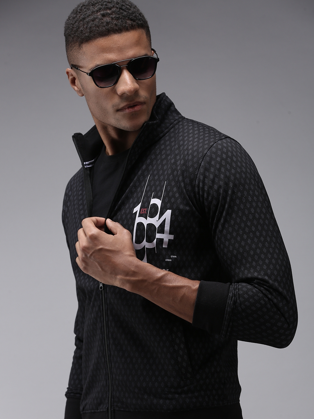 Men's Black Cotton Printed Activewear Jackets